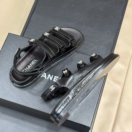 CC DAD SANDALS THREE STRAP BLACK LAMBSKIN