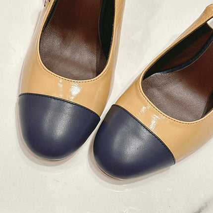 HIGH SLINGBACKS PEANUT BROWN MIX BLACK SHEEPSKIN