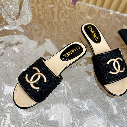 PLATFORM SLIPPERS IN BLACK TWEED AND LAMBSKIN