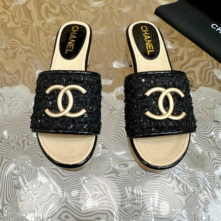 PLATFORM SLIPPERS IN BLACK TWEED AND LAMBSKIN