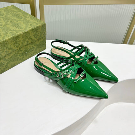 STRAPPY FLAT SLINGBACK IN EMERALD GREEN GLOSSY CALFSKIN