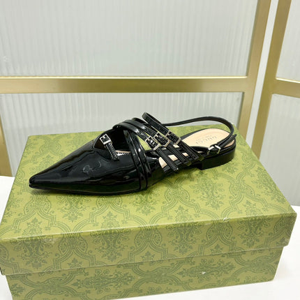 STRAPPY FLAT SLINGBACK IN BLACK GLOSSY CALFSKIN