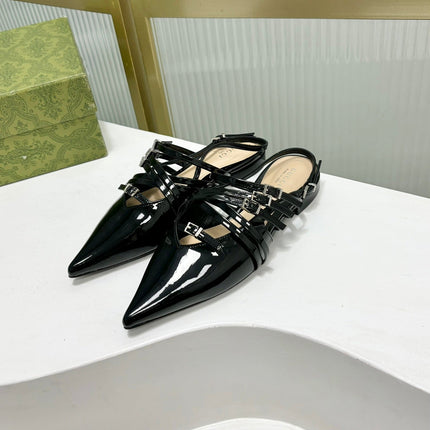 STRAPPY FLAT SLINGBACK IN BLACK GLOSSY CALFSKIN