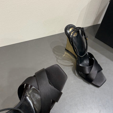 YSL STRAPPY WEDGE SANDALS 25S IN BLACK SATIN