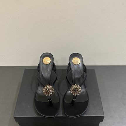 YSL HEELED THONG SANDALS 25S IN BLACK SATIN WITH CRYSTAL