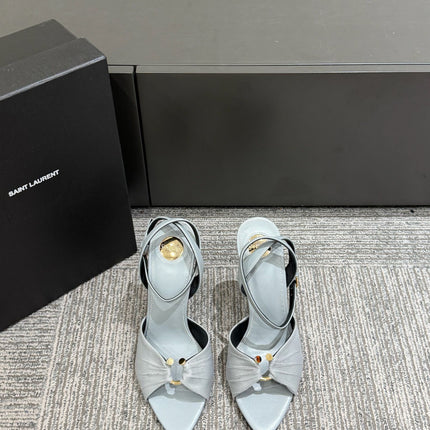YSL HEELED SANDALS 25S 100 MM IN LIGHT SLATE BLUE LAMBSKIN