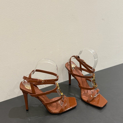 YSL SINGLE-STRAP HEELED SANDALS 25S IN BROWN LAMBSKIN
