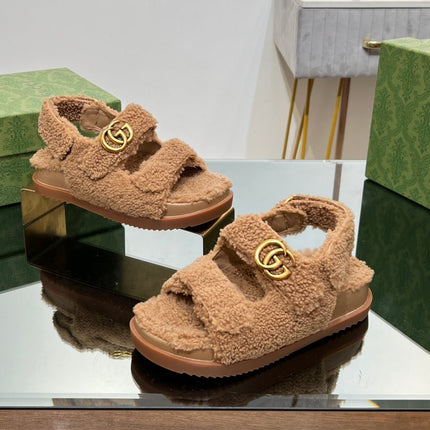 DAD SANDALS IN CIDER BROWN FLEECE WITH GOLD HARDWARE