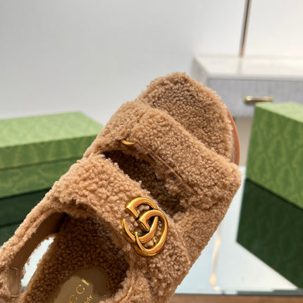DAD SANDALS IN CIDER BROWN FLEECE WITH GOLD HARDWARE
