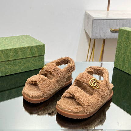 DAD SANDALS IN CIDER BROWN FLEECE WITH GOLD HARDWARE