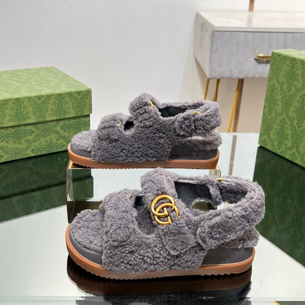 DAD SANDALS IN DARK GRAY FLEECE WITH GOLD HARDWARE
