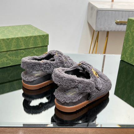 DAD SANDALS IN DARK GRAY FLEECE WITH GOLD HARDWARE