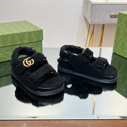 DAD SANDALS IN BLACK FLEECE WITH GOLD HARDWARE