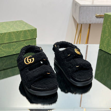 DAD SANDALS IN BLACK FLEECE WITH GOLD HARDWARE