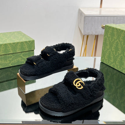 DAD SANDALS IN BLACK FLEECE WITH GOLD HARDWARE