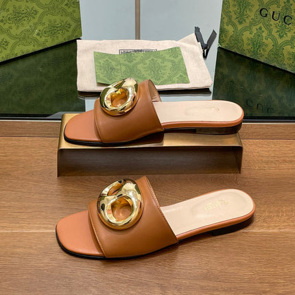 FLAT MULE IN BRONE BROWN CALFSKIN WITH GOLD HARDWARE