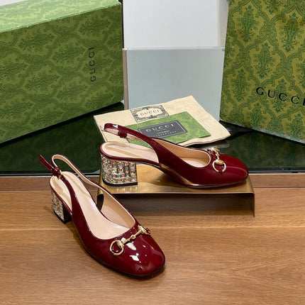 WOMEN'S HORSEBIT SLINGBACK 55MM IN WINE RED CALFSKIN WITH RHINSTONES