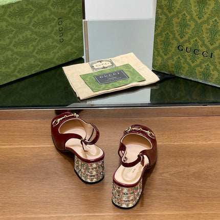 WOMEN'S HORSEBIT SLINGBACK 55MM IN WINE RED CALFSKIN WITH RHINSTONES