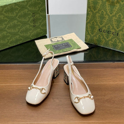 WOMEN'S HORSEBIT SLINGBACK 55MM IN WHITE CALFSKIN WITH RHINSTONES