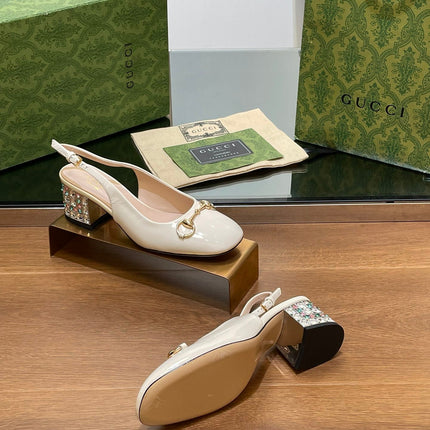 WOMEN'S HORSEBIT SLINGBACK 55MM IN WHITE CALFSKIN WITH RHINSTONES