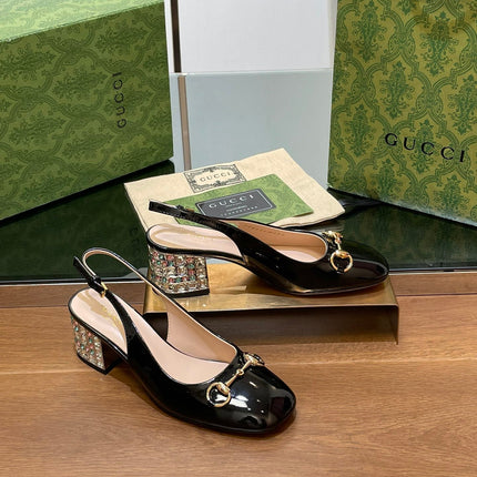 WOMEN'S HORSEBIT SLINGBACK 55MM IN BLACK CALFSKIN WITH RHINSTONES