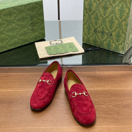HORSEBIT LOAFER IN CHERRY RED SUEDE WITH GOLD HARDWARE