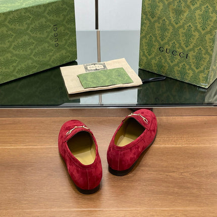 HORSEBIT LOAFER IN CHERRY RED SUEDE WITH GOLD HARDWARE