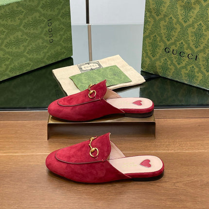 HORSEBIT MULE IN CHERRY RED SUEDE WITH GOLD HARDWARE