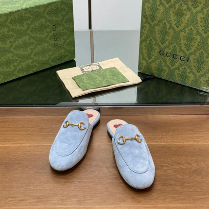 HORSEBIT MULE IN LIGHT BLUE SUEDE WITH GOLD HARDWARE