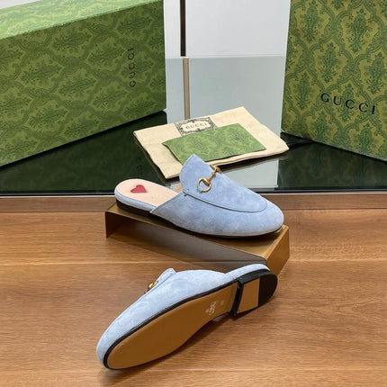 HORSEBIT MULE IN LIGHT BLUE SUEDE WITH GOLD HARDWARE