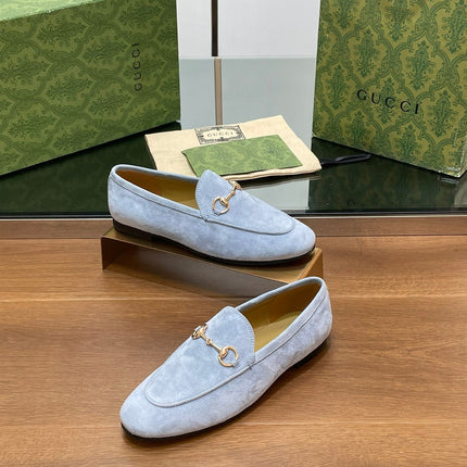 HORSEBIT LOAFER IN LIGHT BLUE SUEDE WITH GOLD HARDWARE