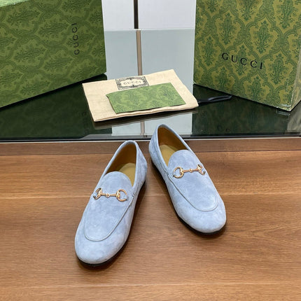 HORSEBIT LOAFER IN LIGHT BLUE SUEDE WITH GOLD HARDWARE
