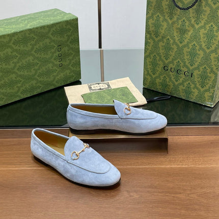 HORSEBIT LOAFER IN LIGHT BLUE SUEDE WITH GOLD HARDWARE
