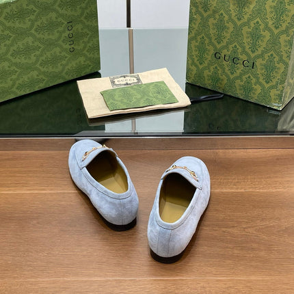 HORSEBIT LOAFER IN LIGHT BLUE SUEDE WITH GOLD HARDWARE