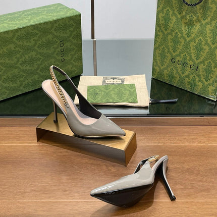 GG HIGH SLINGBACK 10.5 CM IN DOVE GREY GLOSSY CALFSKIN WITH GOLD HARDWARE