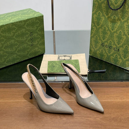GG HIGH SLINGBACK 10.5 CM IN DOVE GREY GLOSSY CALFSKIN WITH GOLD HARDWARE
