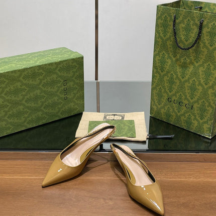 GG HIGH SLINGBACK 4.5 CM IN DIJON YELLOW GLOSSY CALFSKIN WITH GOLD HARDWARE