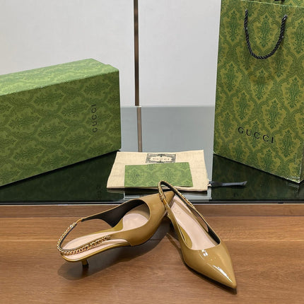 GG HIGH SLINGBACK 4.5 CM IN DIJON YELLOW GLOSSY CALFSKIN WITH GOLD HARDWARE