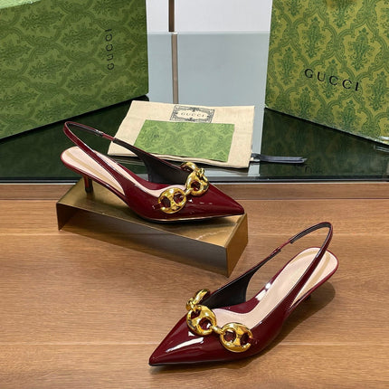 GG MID-HEELED SLINGBACK 4.5 CM IN WINE RED GLOSSY CALFSKIN WITH GOLD HARDWARE