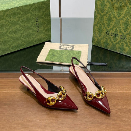 GG MID-HEELED SLINGBACK 4.5 CM IN WINE RED GLOSSY CALFSKIN WITH GOLD HARDWARE
