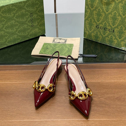GG MID-HEELED SLINGBACK 4.5 CM IN WINE RED GLOSSY CALFSKIN WITH GOLD HARDWARE