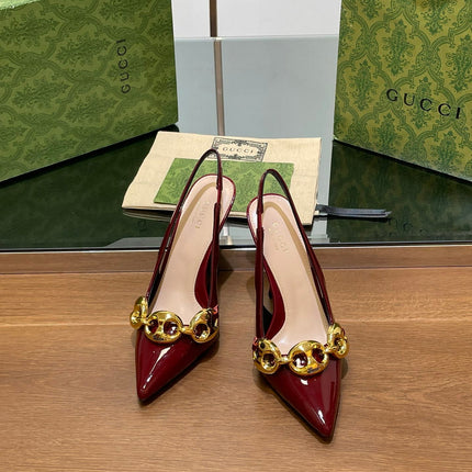GG HIGH SLINGBACK 10.5 CM IN WINE RED GLOSSY CALFSKIN WITH GOLD HARDWARE