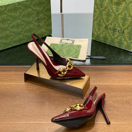 GG HIGH SLINGBACK 10.5 CM IN WINE RED GLOSSY CALFSKIN WITH GOLD HARDWARE