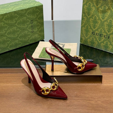 GG HIGH SLINGBACK 10.5 CM IN WINE RED GLOSSY CALFSKIN WITH GOLD HARDWARE