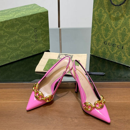 GG HIGH SLINGBACK 10.5 CM IN FUSICA PINK GLOSSY CALFSKIN WITH GOLD HARDWARE