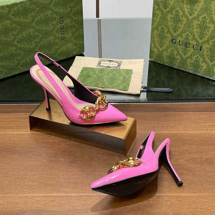 GG HIGH SLINGBACK 10.5 CM IN FUSICA PINK GLOSSY CALFSKIN WITH GOLD HARDWARE