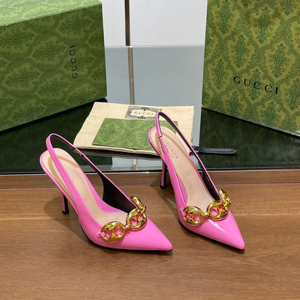 GG HIGH SLINGBACK 10.5 CM IN FUSICA PINK GLOSSY CALFSKIN WITH GOLD HARDWARE