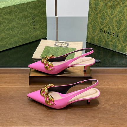 GG MID-HEELED SLINGBACK 4.5 CM IN FUSICA PINK GLOSSY CALFSKIN WITH GOLD HARDWARE