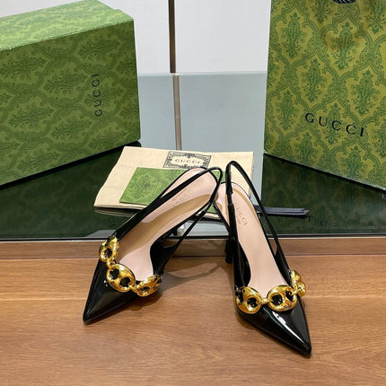 GG HIGH SLINGBACK 10.5 CM IN BLACK GLOSSY CALFSKIN WITH GOLD HARDWARE