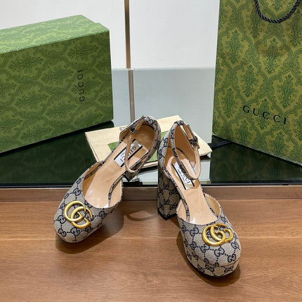 GG HIGH SANDAL 11.5 CM IN BLACK MIX BEIGE MONOGRAM JACQUARD FABRIC